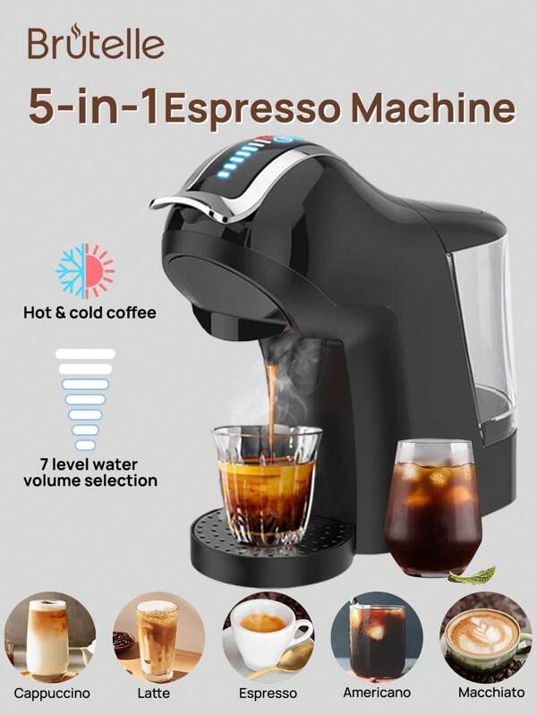 Machine à café Brutelle, machine à café à capsules 5 en 1, 19 bars, entièrement automatique, petite, pour usage domestique, 1 L, réservoir d'eau amovible, compatible avec les capsules de café universelles 1450 W pour Home Coffee Corner, Café