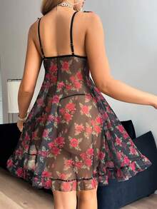 2 件套全新网眼花卉印花性感内衣套装，细肩带娃娃裙和内裤 - 黑色 - 查看 5