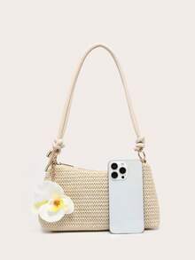 Women's Single Shoulder Underarm Bag, Square Bag, PU Cotton Rope Flower Pendant, Large Capacity, Lightweight, Lazy And Fashionable Beach Vacation Style, Suitable For Shopping And Vacation.