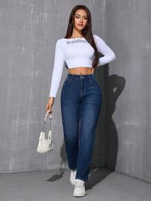 冬季保暖直筒牛仔裤 - 深色水洗藍 - 查看 2