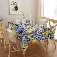 1 pieza Mantel de poliéster con patrón de azulejos cerámicos de limón vibrante y azul - Excelente para fiestas de verano, cumpleaños, decoración del hogar, dormitorio, decoración de cocina con limones