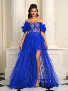 Women's Heavy Embellished Off Shoulder Feather, Lace, Wrap, Chiffon Ruffle Hem And High Slit Formal Gown - Royal Blue - View 3