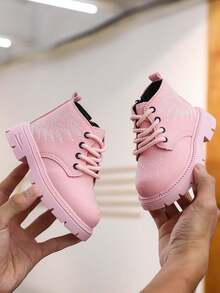1 Pair Girls Embroidered Lace-Up Casual Ankle Boots, Suitable For Autumn/Winter
