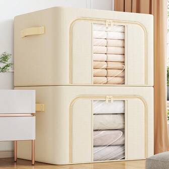 1 件开口衣物储物箱，带金属框架，带透明窗口，适用于冬季外套，可折叠衣物储物箱，带盖衣物储物箱，亚麻储物箱，带透明窗口和拉链和耐用手柄