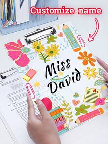 1pc Customized Text Teacher Clamp, Personalized Customize Name Acrylic File Board, Customized Style Flower Teacher Clipboard, Hand Painted Stationery Flower Pattern, Personalized Teacher Appreciation Gift, Year End Gift, Teacher Supplies,For School Supplies,Back To School