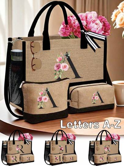 Pink Flower With Black Initials A-Z, Jute/Canvas Tote Bag Comes With A Makeup Bag, Personalized Present Bag, Suitable For Wedding, Birthday, Beach, Holiday,School Bag , Is A Great Gift For Women, Mom, Teachers, Friends, Bridesmaids,Student ,Large Bag , Back To School ,Simple Large-Capacity Handbag, Portable Casual Storage Tote Bag, Best Teacher Gift, Best Teacher Day Gift For Women , Teacher Gift ,Vacation Essentials