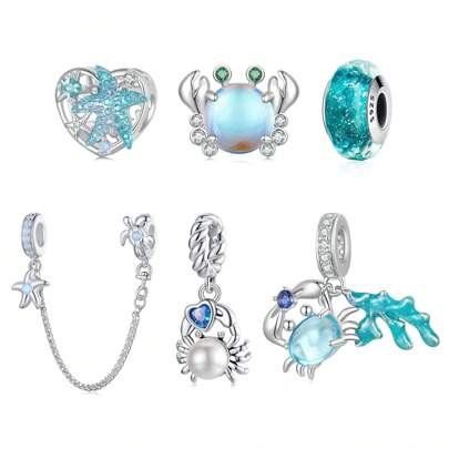  WOSTU 925 Sterling Silver Delicate Crab Starfish Charm Marine Life Pendant Charm Cubic Zirconia Opal For Women Fashion Jewelry Party Gift ﻿