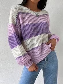 1 buah Sweater Pullover Tebal Kasual untuk Anak Perempuan, Atasan Rajut Bergaris Ungu yang Nyaman & Lembut, Musim Gugur/Dingin - Purple - View 3