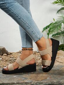 女士简约百搭高跟凉鞋，松紧带，舒适厚底，适合休闲、沙滩、度假、波西米亚、夏威夷风格 - 米色 - 查看 4