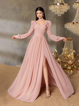 Rochie formală pentru adolescente cu decolteu în formă de inimă, mâneci vintage cu model felinar, aplicații și croială în linie A flatantă – Perfectă pentru baluri, invitați la nuntă