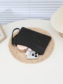 1 件草编手拿包，黑色条纹编织女士手拿包钱包、手提包、零钱包、钥匙包