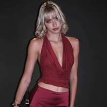 Womenacute;S Summer Sparkle Sleeveless Backless Rhinestone Halter Tank Tops - Burgundy - View 2