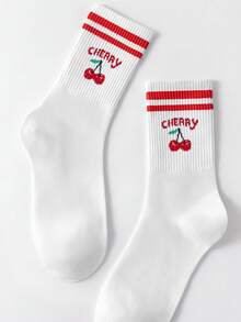 一双樱桃印花中筒袜，饰有彩色条纹罗纹细节，专为女性设计，采用柔软耐穿的材质，是秋季必备单品。 - 紅色 - 查看 6