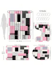 1/4pcs Pink Square Pattern Shower Curtain Set, 70.87x70.87inch Shower Curtain With Floor Mat, U-Shaped Mat, Toilet Seat Mat, With 12 Hooks Bathroom Decor