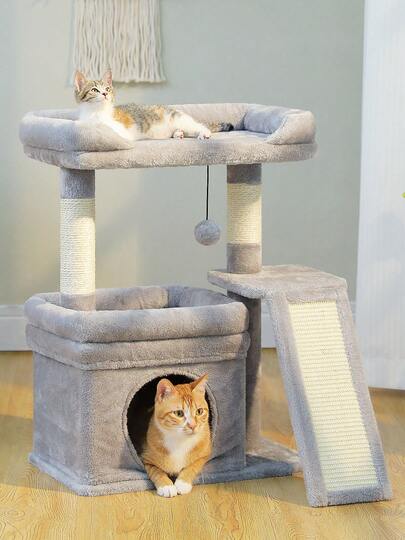 PAWZ Road 27" Cat Tree For Indoor Cats, Small Cat Tower With Natural SIsal Scratching Posts & Ladder, Cat Condo, Cozy Top Perch, Furr Hanging Balls-Grey