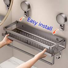 CASEGRACE 1 件防锈壁挂式淋浴架，带吸盘 - 重型抛光表面浮动搁板，带毛巾钩，节省空间的浴室收纳架，用于存放洗发水、肥皂和配件，浴室收纳和储物，浴室托盘，浴室托盘 - 彩色 - 查看 5