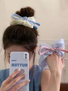 1 件甜美学院风粉色和蓝色格子蝴蝶结装饰发圈，蓬松云朵马尾辫固定发圈，发圈，发圈，洗脸，发饰