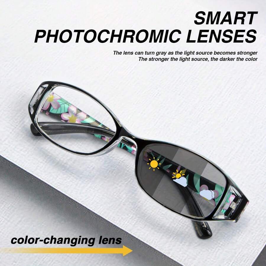 One Piece Of The European Custom-Made Series Women's Fashionable Color-Changing Old-Style Glasses - Adaptive Lens, Flower-Pattern Hollow Frame, +1.10 To +5.20 Times Magnification, Ultra-Clear Plastic Lenses, Comfortable For Indoor Wear, Vision Assistance, Spring Hinge Glasses - 黑色花朵 - 查看 1