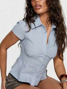 Women's Y2K Plaid Shirt Button-Up Short Sleeve Collared Slim Fit Casual Summer Blouse Tops - 薄荷藍 - 查看 2