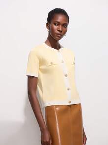 Button Contrast Trim Casual Short Sleeve Knit Cardigan, Summer - Yellow - View 5