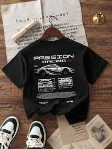 Camiseta de cuello redondo de manga corta con estampado casual para niños y adolescentes estudiantes, top de verano - Negro - Ver 3
