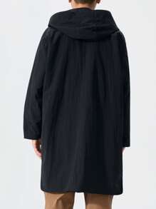 男士加大码长袖黑色轻薄中长款休闲风衣，适合秋季穿着 - 黑色 - 查看 6