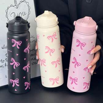 1pc 800ml Large Stainless Steel Insulated Travel Mug With Bow Print - Reusable, Durable Coffee Cup With Portable Handle & Foldable Straw - Perfect For Valentine's Day, Christmas, Graduation, Back To School, Gifts, Daily Use, Office & Outdoor Sports