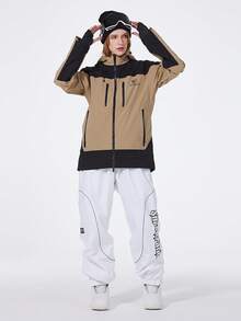 SPEED PANDA 1 件男女防水夹克，冬季雪地外套，带帽防风衣，适合户外运动，男女通用滑雪和冬季运动运动服（不含配件）滑雪服 - 卡其色 - 查看 5