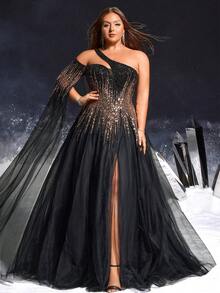 VIPGIRL Đầm dạ hội xẻ cao cỡ lớn dành cho nữ, được trang trí bằng sequin bất đối xứng và tay áo voan bồng bềnh, thích hợp cho các buổi dạ hội, tiệc tùng, đám cưới và các dịp khác. - màu đen - Xem 7