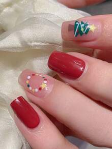 圣诞美甲贴纸，圣诞老人图案美甲贴纸，美甲贴纸，红绿配色，圣诞卡通主题美甲贴纸，圣诞树，雪人，雪花，煎饼人，闪亮雪花图案，女士自粘美甲贴纸 - 彩色 - 查看 6