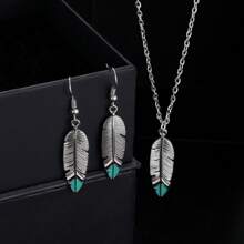 3Pcs Boho Feather Necklace Long Feather Pendant Necklace Chain Gold Silver Leaf Necklace Vintage Deck-Shaped Earrings Jewellery Set For Women And Girls
