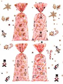 25/50/100pcs Pink Merry Christmas Plastic Gift Bags, Gingerbread Man Pattern, Transparent Candy Bags With Ribbon, 2026 Christmas Decoration, Suitable For Home Christmas Celebration, Durable Party Gift Bags, Gift Wrapping Bags, Winter Holiday Christmas Party Decoration, 2027 Happy New Year, Multi-Purpose Christmas Gift - Multicolor - View 12