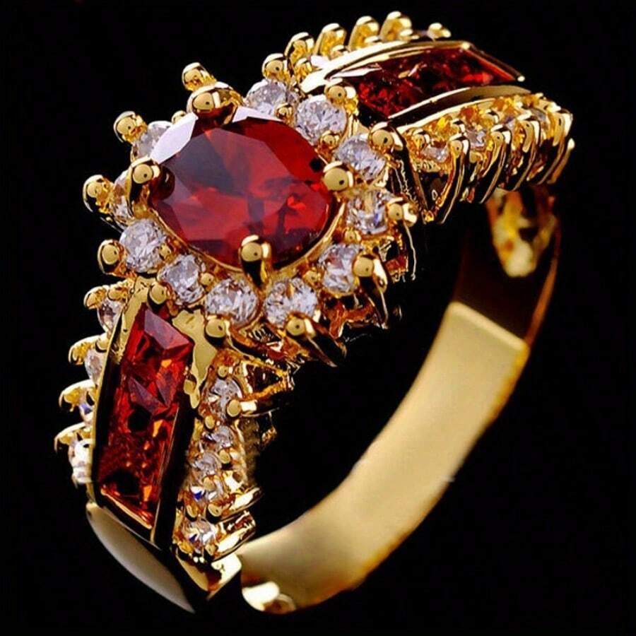 Fashion Ladies Golden Plated Red Gemstone CZ Wedding Ring Size 6-10 - Đỏ - Xem 1