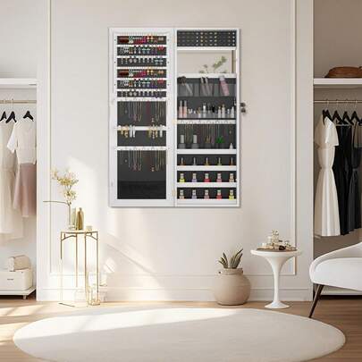 VA-Cerulean Jewelry Box With Mirror Hanging Mirror Cabinet Lockable Wall Jewelry Box 2-In-1 Jewelry Storage Cabinet Door Mirror Wall Mirror Jewelry Storage Box, Dimensions: 107.5 X 36.5 X 9.5 Cm, White/Black