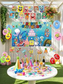 23pcs SPONGEBOB Theme Party Tableware Set, Including Octopus, Party Decorations, Banners, Latte Art, Background Cloth, Party Decoration Props Balloons, Suitable For Family Gatherings, Halloween And Christmas Parties Suitable For Family Gatherings, Weddings, Birthdays, Gift-Giving, Etc Home Decor Halloween Decor Fall Decor Room Decor Autumn Decor - Multicolor - View 3