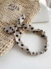 1 件优雅兔耳头带，黑白波尔卡圆点蝴蝶结设计，高品质缎面时尚头饰，百搭女士发饰配饰，蝴蝶结配饰，学校用品，学院风，头带秋季配饰