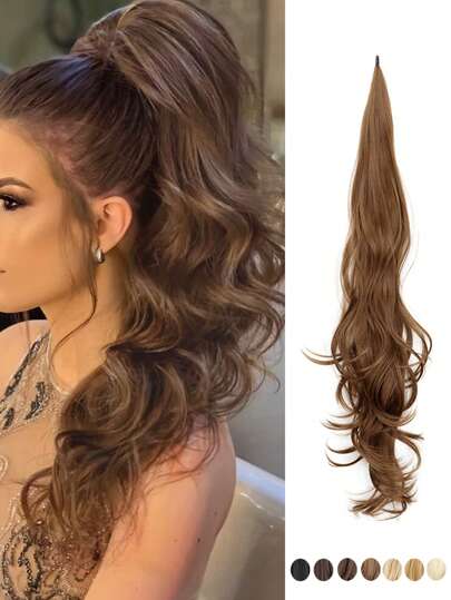 Brown Ponytail Extainson With Blonde Highlight Flexible Wrap Around Ponytail Hair Extension Long Wavy Pony Tails Hair Extension Synthetic Hairpieces For Women And Girls