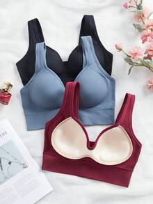 3件套女士纯色无缝优雅无钢圈文胸套装，包含文胸、运动文胸和内裤，适合圣诞节穿着 - 彩色 - 查看 3