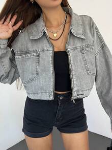 Double Pocket Zip-Up Wash Crop Denim Jacket, Plain Color Casual Sports With Zipper Pockets - Grey - View 2