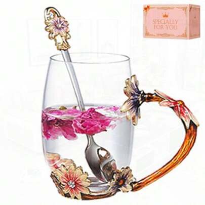 1. Special Occasion Gifts For Her 2. Enamel Butterfly Flower Glass Tea Cup Rose Red Coffee Mug 3. Mother's Day Presents For Mom Grandma Wife Female Friends