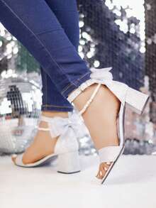 Sandalias de Mujer Tacón Grueso Lazo Elegante con Correa al Tobillo Estilo Fiesta para Eventos y Celebraciones - Plateado - Ver 3