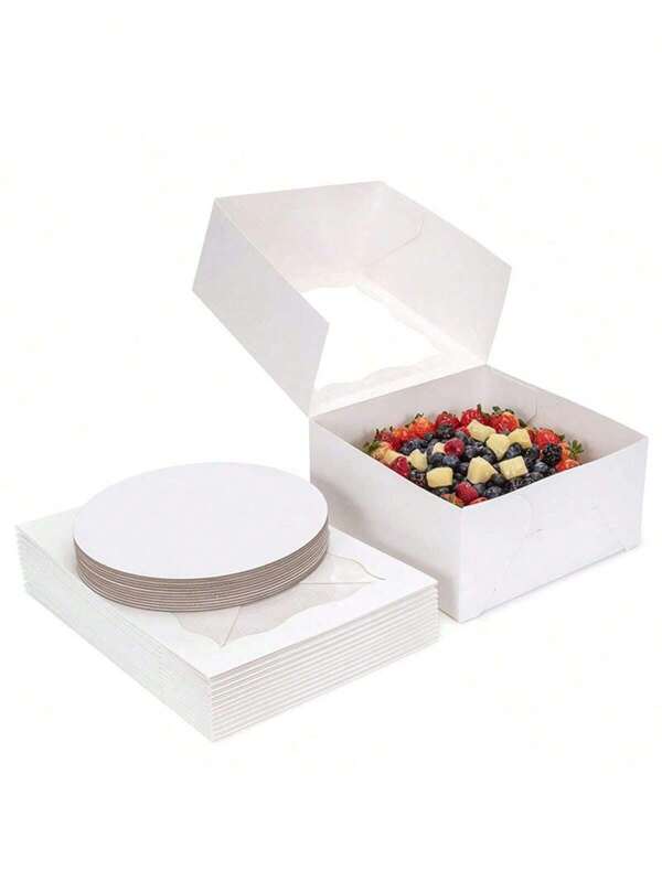 Boîtes à gâteaux carrées blanches de 10x10x5 pouces avec fenêtre transparente claire - disponible en ensemble de 10 pièces ou 20 pièces (10 boîtes à gâteaux + 10 plateaux). Boîte d'emballage en papier robuste, sans décoration, uniquement pour gâteaux, pâtisseries, chocolats, biscuits, tartes, desserts, bonbons, cadeaux de la Saint-Valentin, faveurs de fête d'anniversaire, célébrations de mariage, friandises de Pâques, entreprise de boulangerie, fournitures scolaires, événements, stockage alimentaire et autres solutions d'emballage pour délicieuses friandises