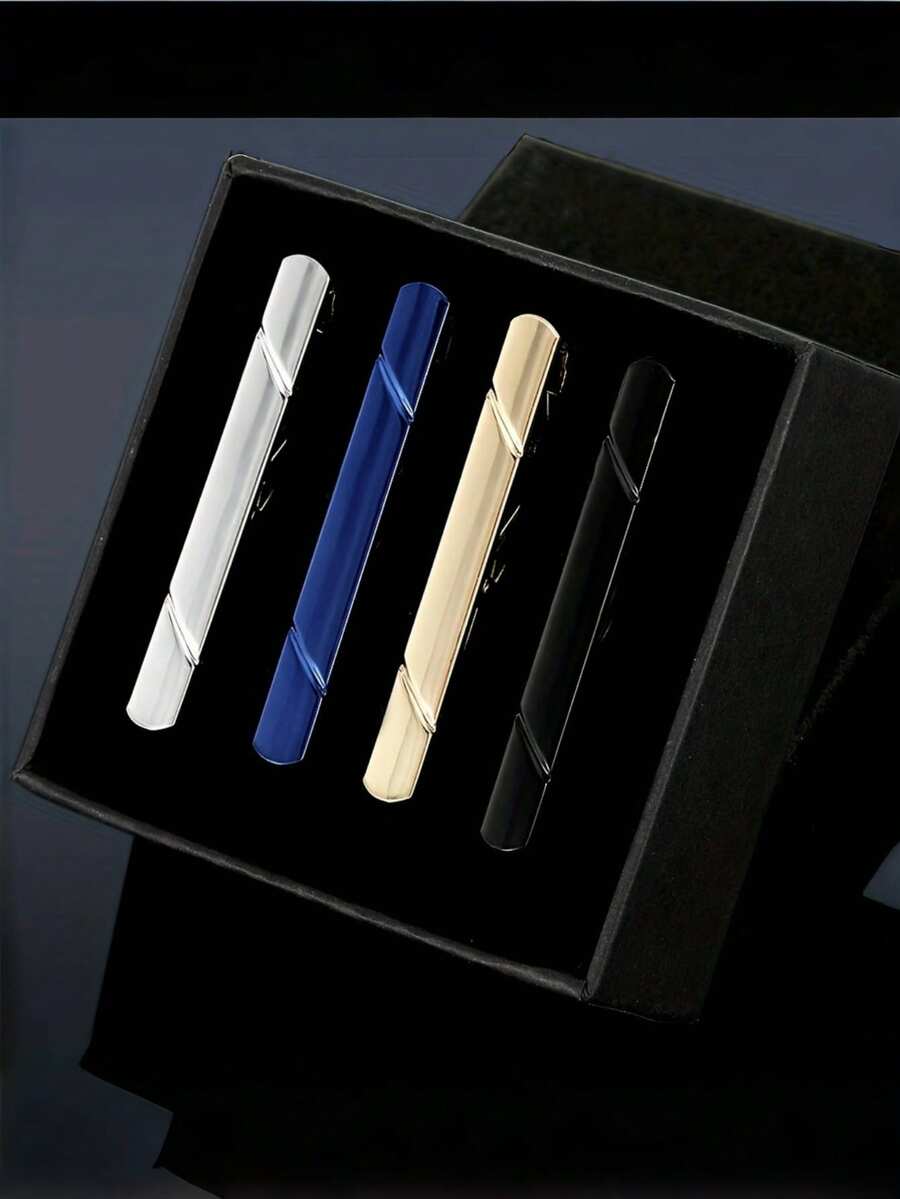 4件套缎面领带夹礼盒装，高端时尚商务婚礼伴郎正式领带夹，男士饰品 - 4pcs(附禮盒) - 查看 1