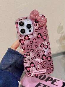 1pc Luxury Rhinestone Leopard Print Bow Phone Case Compatible With 1616 Plus 16 Pro Max 15 14 13 12 11 Pro Max Cute Bowknot Shockproof Cases Waterproof Anti-Fall Scratch Resistant - Hot Pink - View 3
