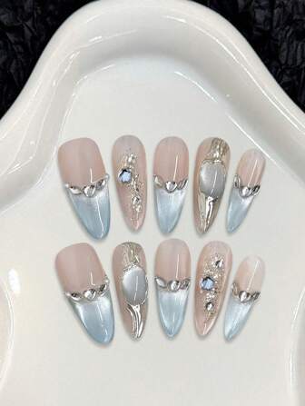 10pcs Summer 3D Diamond Handmade Acrylic Press On Nails Pink Press On NAILS WITH BLUE CAT EYE Long Almond Fake Nails For Shopping Traveling Dating