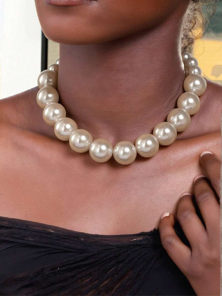 1 Vòng cổ ngọc trai lớn phóng đại cổ điển thời trang, dây chuyền, thích hợp cho phụ nữ đeo trong các bữa tiệc hàng ngày, vòng cổ to bản, trang sức cổ điển cho phụ nữ, vòng cổ quyến rũ - Màu be - Xem 1