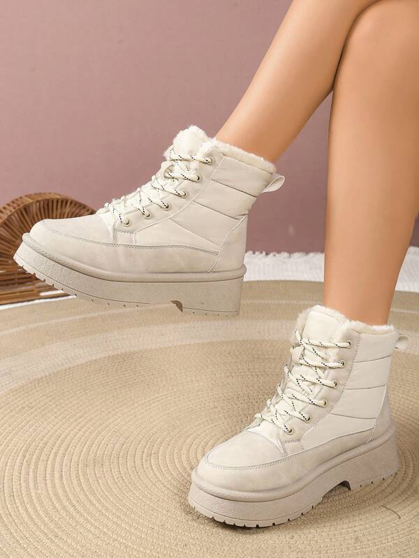Women's Solid Color Preppy School Style Lace-Up Snow Boots, Outdoor Winter