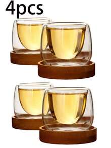 1pc/2pcs/4pcs/6pcs Handmade Double-Layer Heat-Resistant Glass Cup With Coaster Tea Set, High-Quality Insulated Tea Cup, Household Tea Brewing Cup, Gift For Relatives And Friends