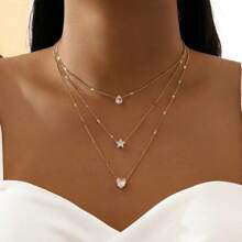 1 Piece Of Iron Chain Synthetic Pendant Three-Layer Necklace Three-Layer Five-Star Love Water Drop Pendant Retro Necklace, Clavicle Chain Fashionable Simple High-End Necklace Gift Friends, Stacking Style Multi-Layer Necklace Love Star Water Drop Diamond Pendant European And American Ins High-End Clavicle Chain