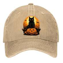 Black Cat And Jack-O'-Lantern In A Spooky Halloween Scene Hats Vintage Washed Baseball Cap - 卡其色 - 查看 1